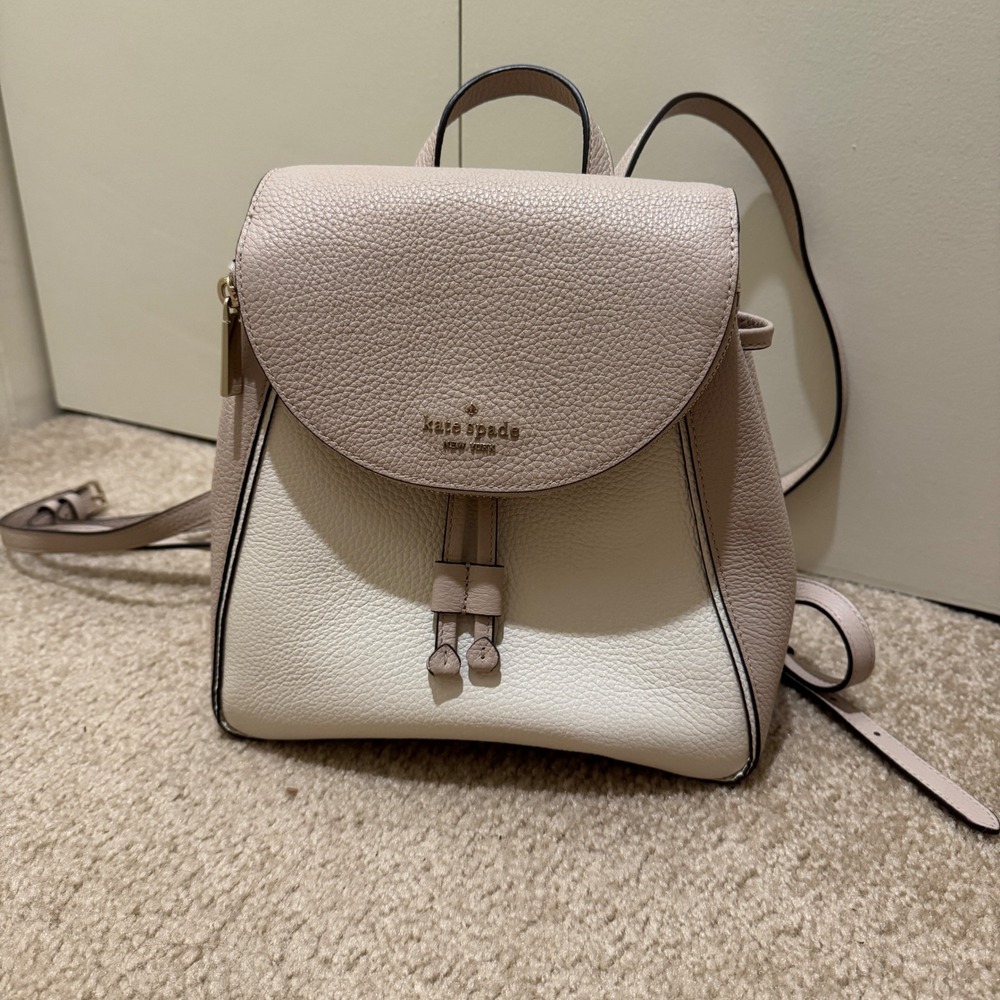 Kate Spade Leila Backpack Pebbled Leather Beige White‎ Womens Bag